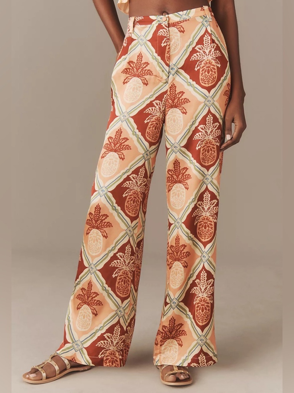 Farm Rio x Anthropologie Pineapple Satin Wide-Leg Pants - Medium